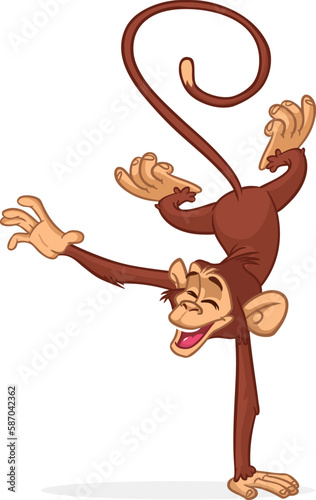 Cartoon funny monkey chimpanzee balancing on one hand or doind flip acrobatic handstand. Vector illustration of happy monkey character design isolated