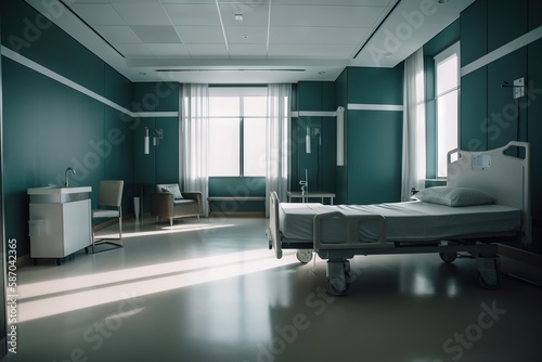  a hospital room with a bed and a chair in the middle of the room and a window in the middle of the room with a curtain. generative ai