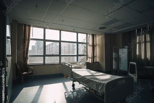  a hospital room with a bed and a chair in front of a large window with a view of a city outside the window and a chair in front of the room. generative ai