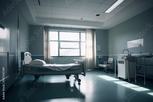  a hospital room with a bed and a sink and a window with a view of the outside of the room and the outside of the room.  generative ai