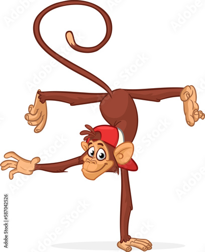 Cartoon funny monkey chimpanzee balancing on one hand or doind flip acrobatic handstand. Vector illustration of happy monkey character design isolated