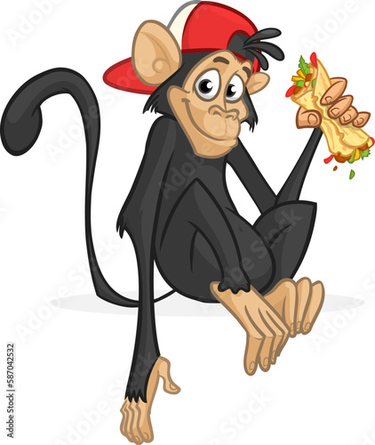 Cartoon funny monkey chimpanzee holding falafel or kebeb in its hands. Vector illustration of happy monkey character design isolated