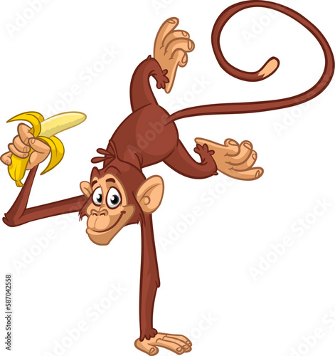 Cartoon funny monkey with banana in its hands. Vector illustration of happy monkey character design isolated