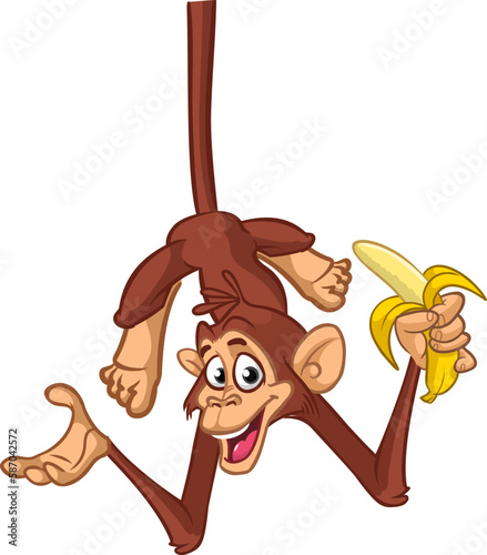 Cartoon funny monkey with banana in its hands. Vector illustration of happy monkey character design isolated