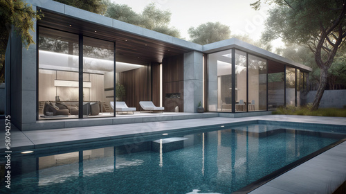 Modern house with swimming pool, exterior view. Generative ai and digital editing.