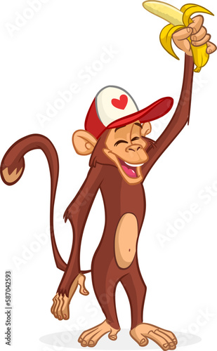 Cartoon funny monkey holds banana in his hand. Vector illustration of happy monkey character design isolated