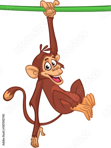 Cartoon monkey chimpanzee handing upside down on the tree branch or liana. Vector illustration of happy monkey character