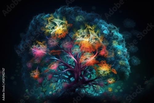  a colorful tree is shown in the middle of a dark background, with a black background and a blue sky in the middle of the image. generative ai