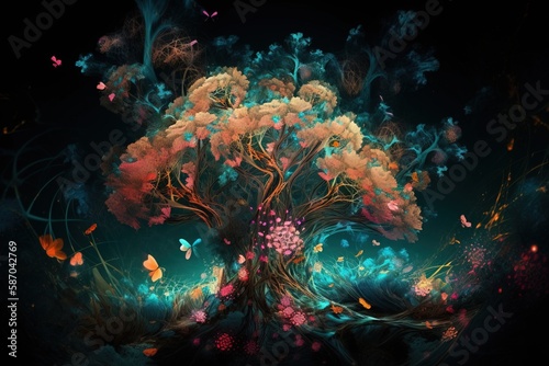  a painting of a tree with lots of flowers and butterflies flying in the air above it, with a dark background and a blue sky. generative ai