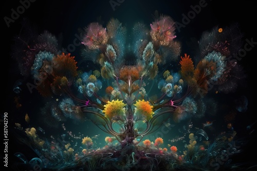  a digital painting of a tree surrounded by flowers and plants in a dark room with a blue background and a black background with a white border. generative ai