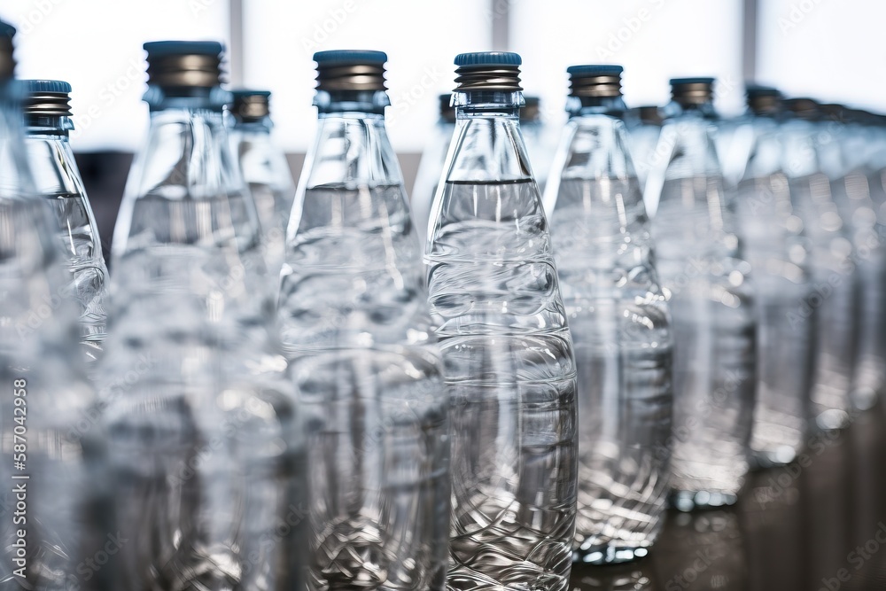 a row of empty water bottles sitting on top of a table next to each other in front of a window with lots of windows in the background. generative ai a row of empty water bottles sitting on top of a table next to each other in front of a window with lots of windows in the background. generative ai