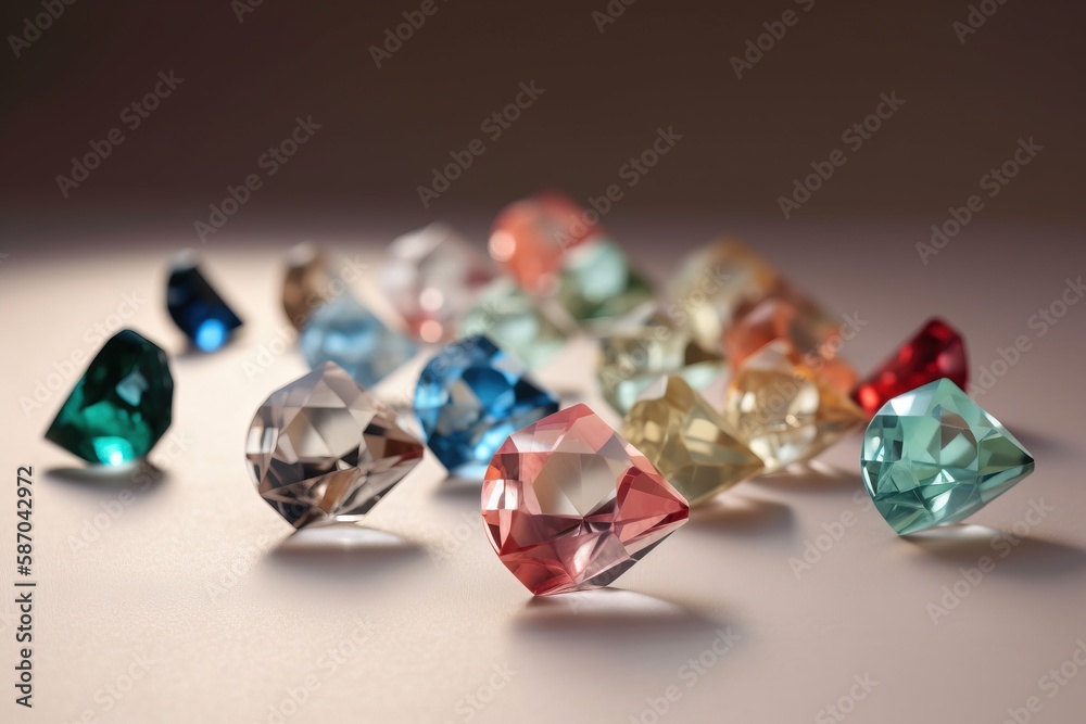 a group of different colored diamonds on a white surface with a shadow on the floor behind them and a shadow on the wall behind them. generative ai a group of different colored diamonds on a white surface with a shadow on the floor behind them and a shadow on the wall behind them. generative ai