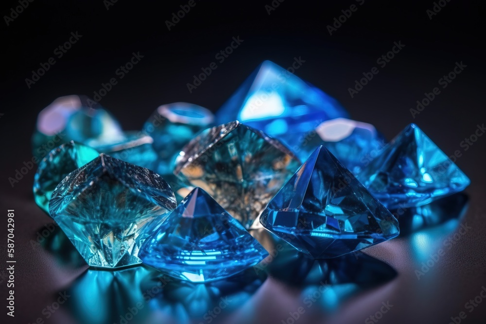  a group of blue diamonds sitting on top of a table next to a black background with a reflection of the diamond on the floor and the top of the diamond.  generative ai