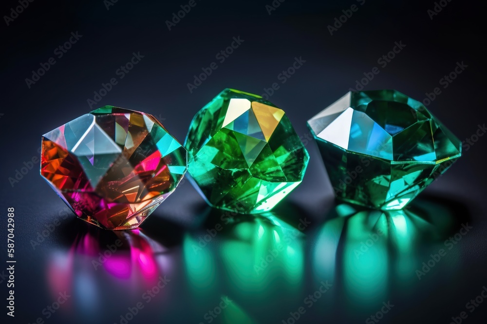 three different colored diamonds on a black surface with a reflection on the ground in the middle of the image and a reflection on the floor below them. generative ai three different colored diamonds on a black surface with a reflection on the ground in the middle of the image and a reflection on the floor below them. generative ai