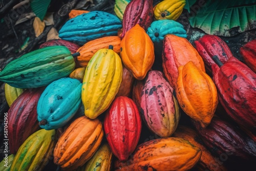  a pile of colorful cocoa beans sitting on top of a pile of green leafy plants and leaves on the ground next to each other. generative ai