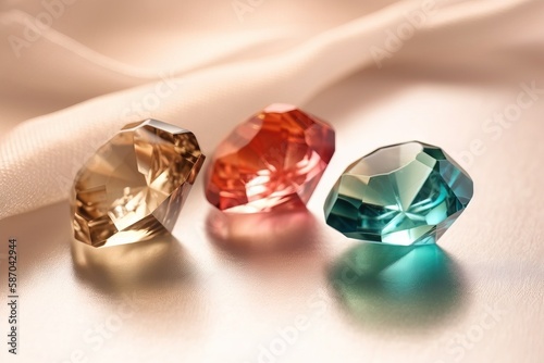  three different colored diamonds sitting on a white surface next to a white cloth with a white cloth behind them and a white cloth behind them.  generative ai