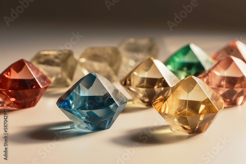  a group of different colored diamonds on a white surface with a shadow on the ground behind them and a white surface with a shadow on the floor.  generative ai