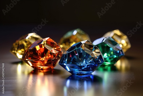  three different colored diamonds sitting on a table top next to a black background with a reflection of the diamond on the surface of the table.  generative ai