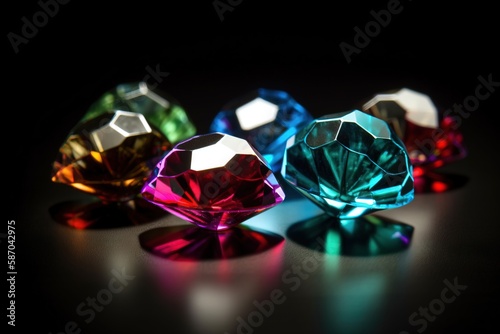  a group of different colored diamonds on a black surface with a reflection of light on the surface of the diamond and the reflection of the diamond on the ground. generative ai