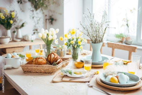 In a bright April kitchen, an Easter table with spring flowers is set. Generative AI