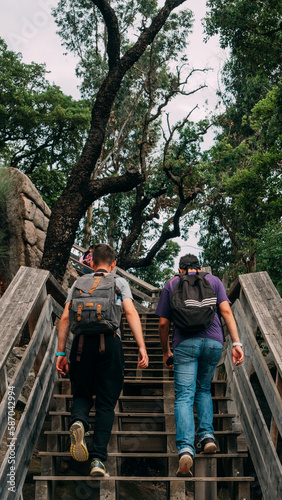 two friends climbing a wooden staircase. two young men hiking. two men with backpacks in nature
