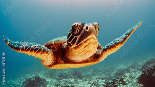 Portrait of a sea turtle gliding through the underwater world. Generative AI Art