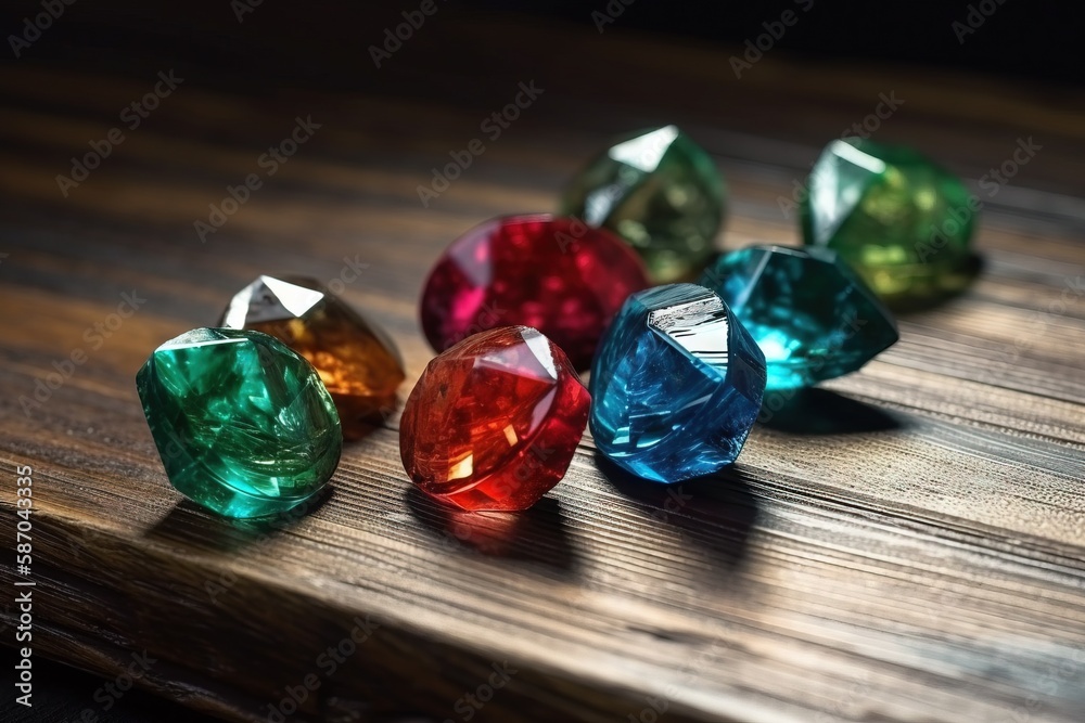 a group of different colored diamonds sitting on a wooden table top next to each other on a wooden surface with a shadow from the top of the stones. generative ai a group of different colored diamonds sitting on a wooden table top next to each other on a wooden surface with a shadow from the top of the stones. generative ai