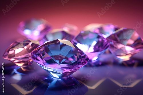  a group of pink and purple diamonds sitting on top of a purple table top next to a pink wall and a red wall behind them. generative ai