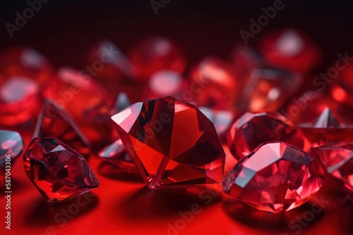  a group of red diamonds sitting on top of a red table top next to a red light in the dark room with a black background. generative ai