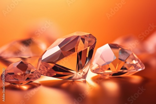  a group of pink diamonds sitting on top of a table next to a yellow background and a yellow wall behind them with a light reflection on the surface.  generative ai