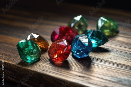  a group of different colored diamonds sitting on a wooden table top next to each other on a wooden surface with a shadow from the top of the stones. generative ai