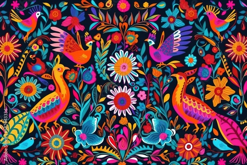  a painting of colorful birds and flowers on a black background with a blue background and a red, yellow, orange, and blue border. generative ai