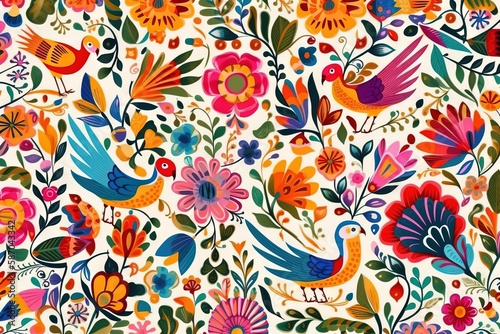 a colorful floral pattern with birds and flowers on a white background with red, orange, blue, and green leaves and flowers on a white background. generative ai