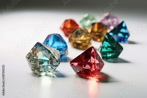  a group of different colored diamonds on a white surface with a reflection on the surface of the diamond, which is the color of the diamond in the picture. generative ai