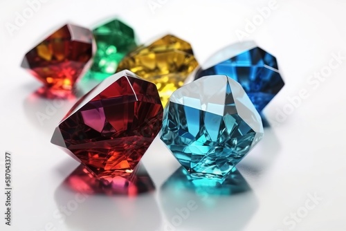  a group of different colored diamonds sitting on top of a white table top with reflections on the surface of the image and the colors of the stones.  generative ai