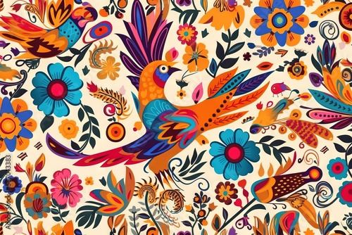  a colorful bird and flower pattern on a white background with blue, red, orange, and yellow flowers and leaves on it's sides. generative ai