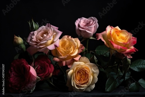  a bunch of flowers that are sitting on a black tablecloth with a black background in the middle of the picture is a bouquet of roses.  generative ai