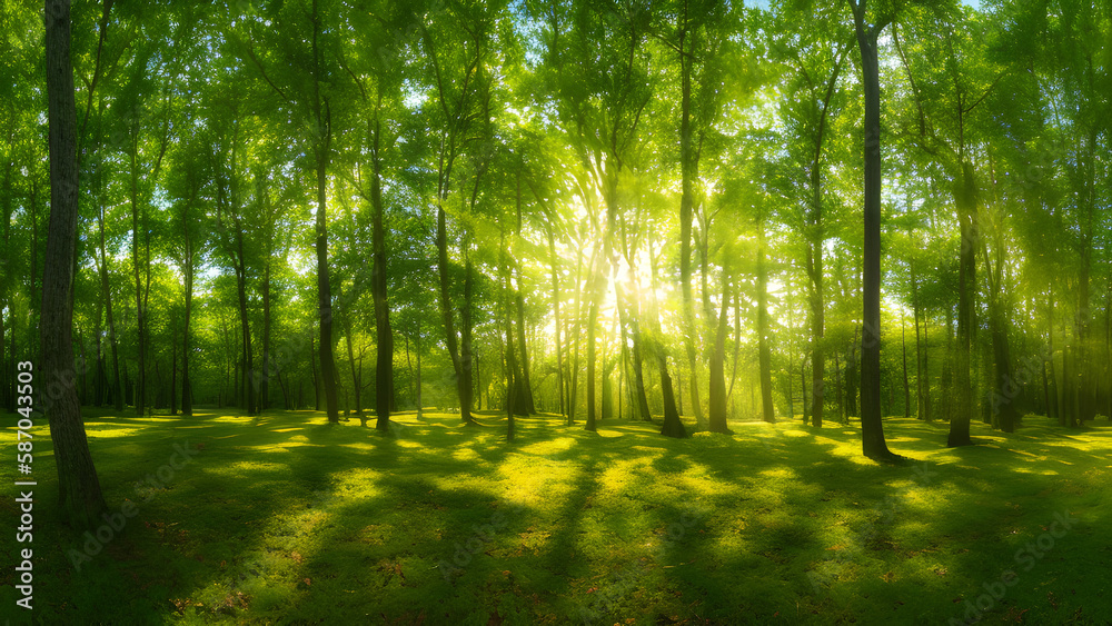 Nature's serenity. A panoramic view of a forest with sunlight shining through the trees. Generative AI Art Nature's serenity. A panoramic view of a forest with sunlight shining through the trees. Generative AI Art