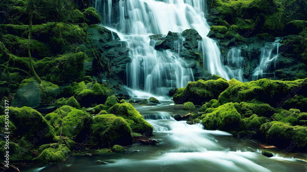 Natural waterfall with rocks and green moss Generative AI Art Natural waterfall with rocks and green moss Generative AI Art