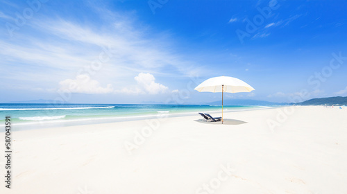 Endless beach scene, calm summer nature landscape. Blue sky and soft ocean waves. Generative Ai © vectorizer88