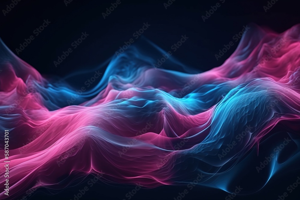 an abstract pink and blue background with wavy lines on a black ...