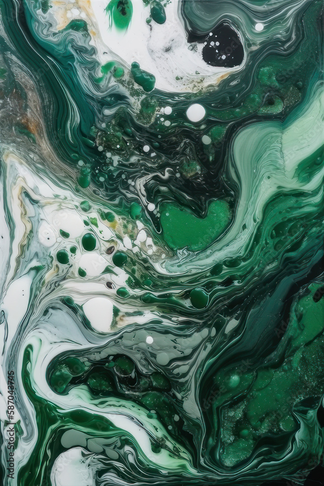 Abstract background. Liquid paint, fluid art style. White and green paint. Vertical background. AI generative.