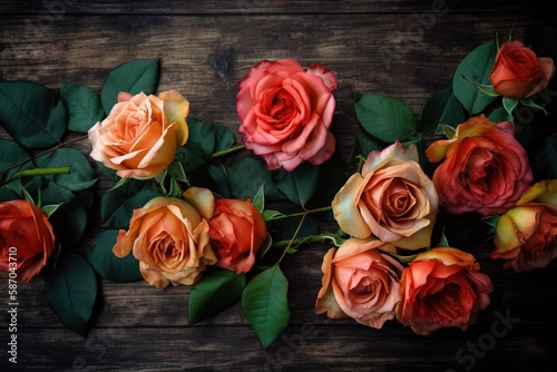  a bunch of orange and pink roses on a wooden table with green leaves and a brown background with a black background with a white border.  generative ai