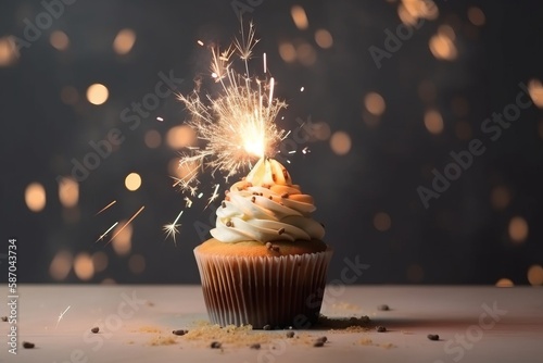  a cupcake with a sparkler sticking out of it's side on a table with confetti sprinkles around it. generative ai