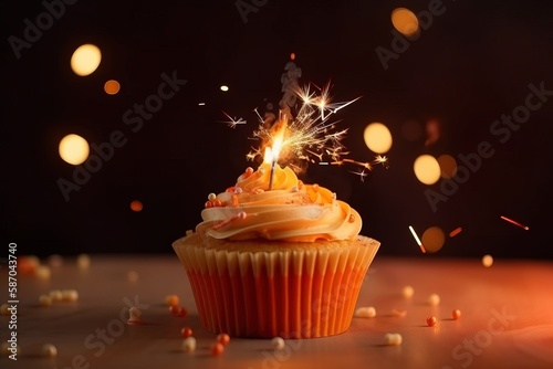  a cupcake with a sparkler on top of it and confetti scattered around it on a table with a dark background of lights.  generative ai