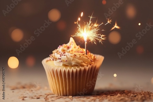  a cupcake with a sparkler sticking out of it's top on a table with a blurry background of lights and confetti.  generative ai