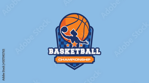 Vector illustration of basketball tournament logo with player and basketball in fire © Abir