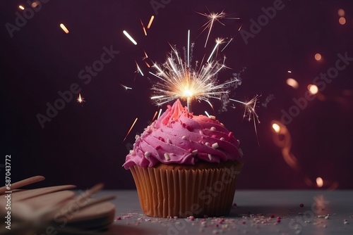  a cupcake with pink frosting and a sparkler on top of it, on a table with a book and a dark background.  generative ai