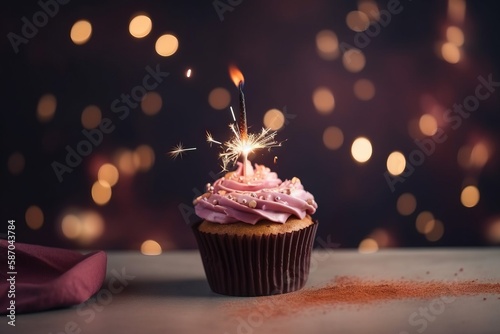  a cupcake with pink frosting and a sparkler sticking out of it's top on a table with a blurry background.  generative ai