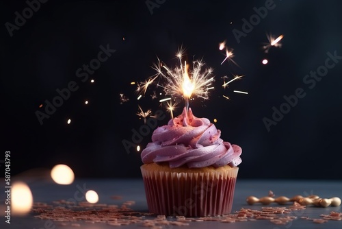  a cupcake with pink frosting and a sparkler sticking out of it's center surrounded by confetti sprinkles.  generative ai